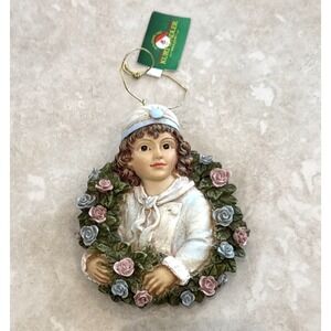 VTG NWT Kurt Adler Santa's World Girl W/Roses Wreath 3.5" Ornament